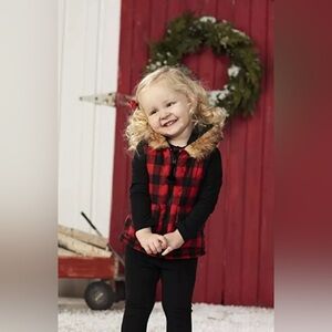 MUD PIE Alpine Village Red & Black Buffalo Check Hooded Faux Fur Vest  2T-3T